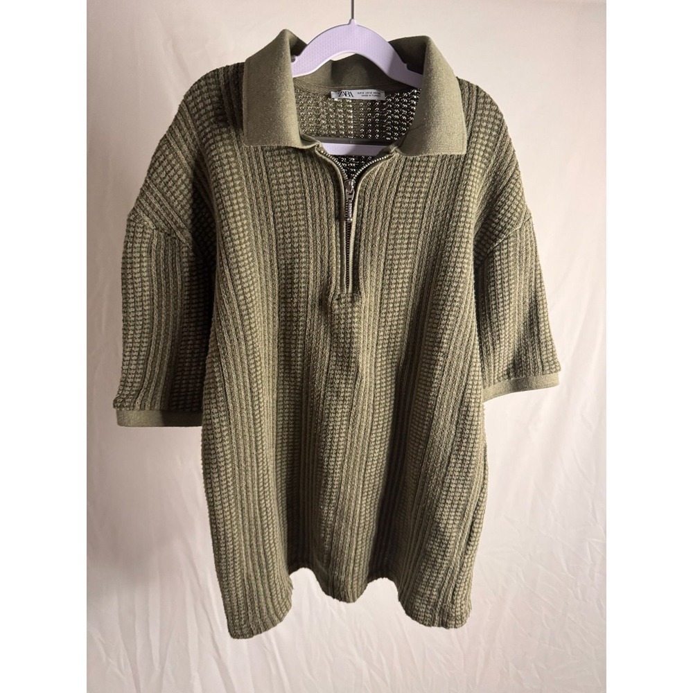 Zara - Knit Polo Quarter Zip Textured Short Sleeve - Olive Green - S -‎ Mens
